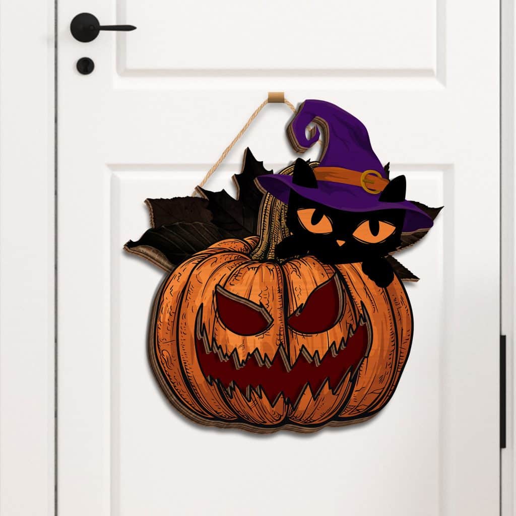 Black Cat and Pumpkin Welcome Sign, Halloween 3D Hanging Door Sign