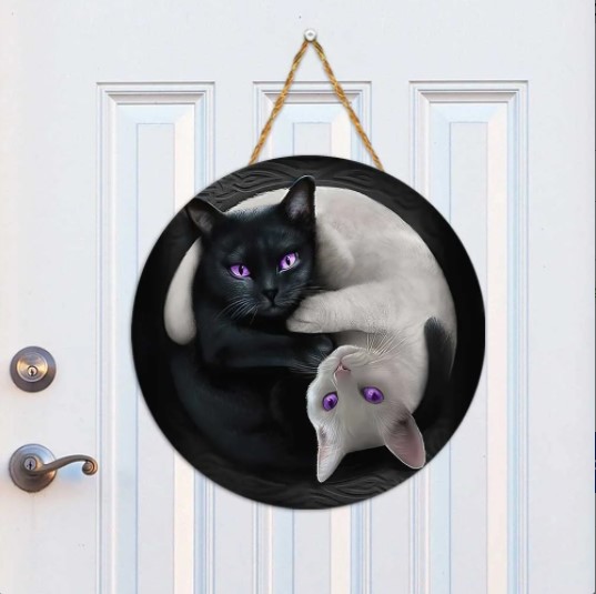 Cat Round Wooden Sign Two Cats Yin Yang