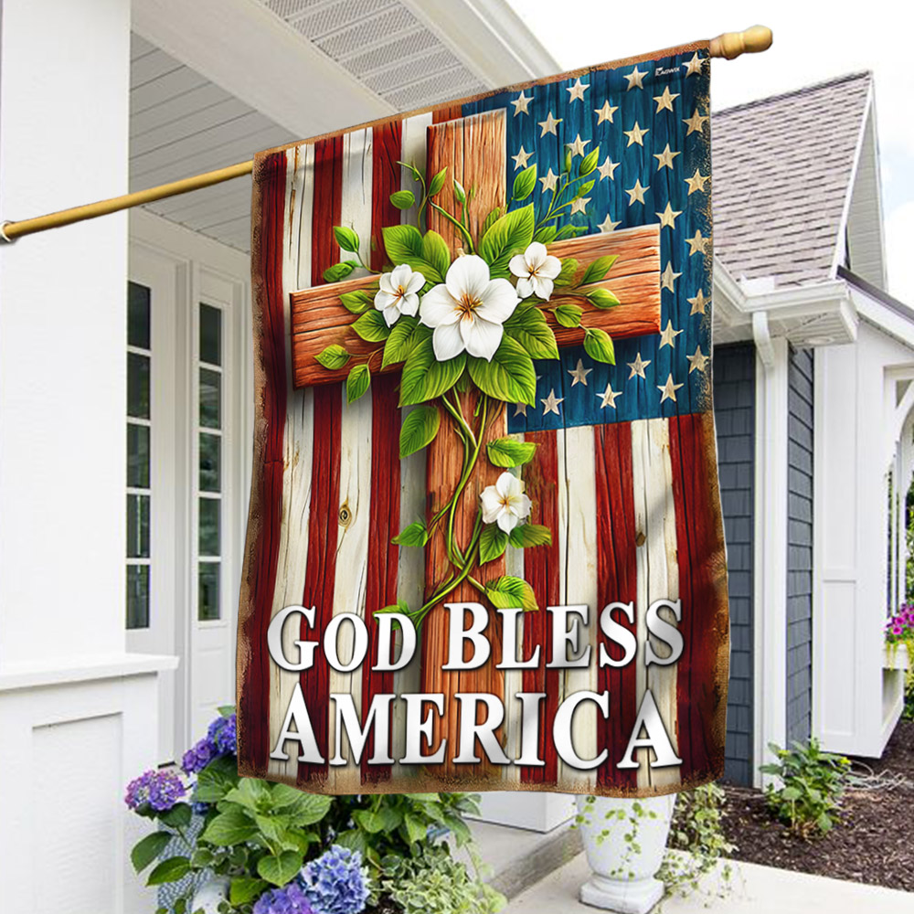 God Bless America Christian Cross American Flag