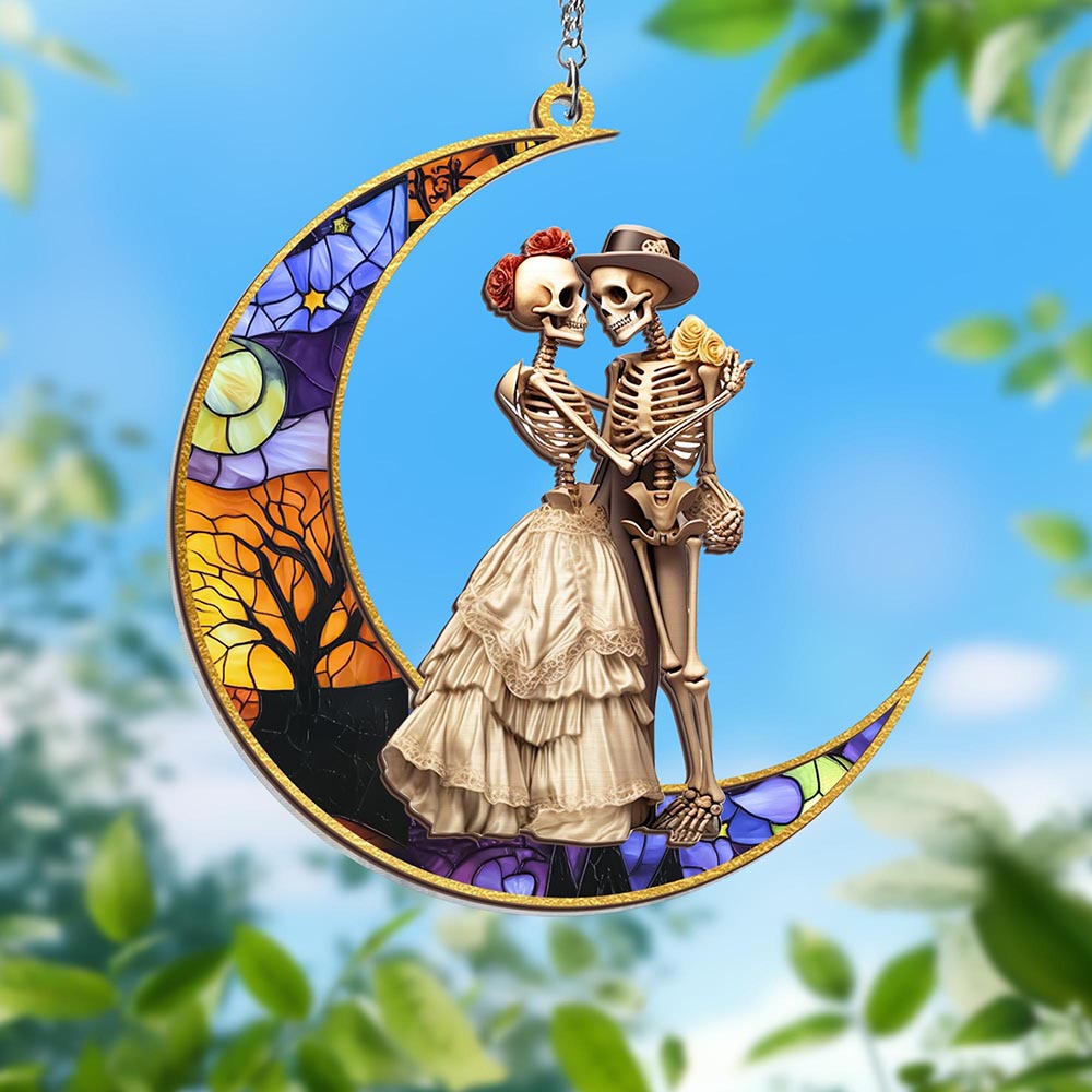 Halloween Skeleton Couple On The Moon Skull Lover Stained Glass Window Hanging Suncatcher