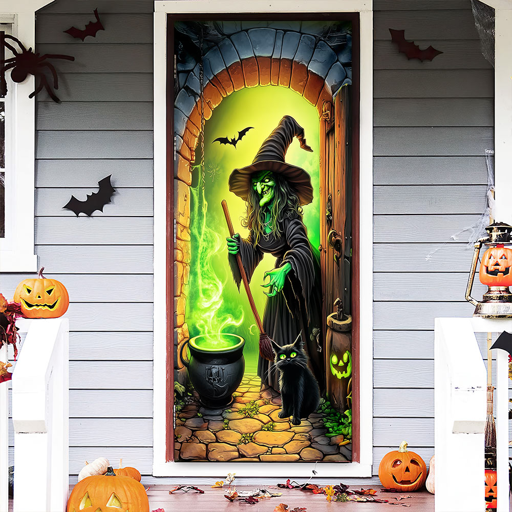 Halloween Witch And Black Cat Witch Making Poison Door Cover