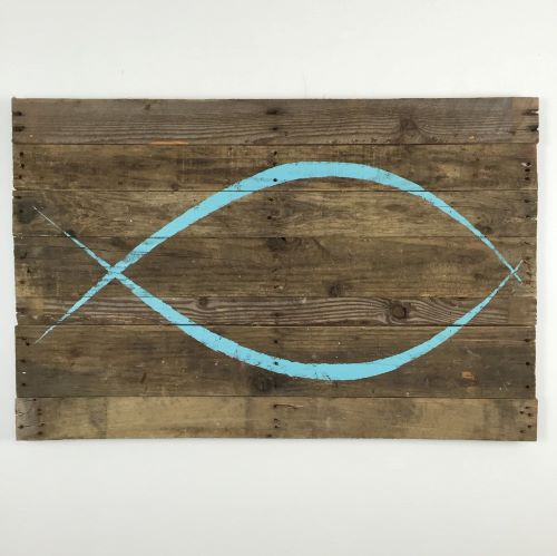 ICHTHYS / Jesus Fish Wall Hanging Blue ICHTHYS on natural colored reclaimed pallet wood 25"L x 40"W