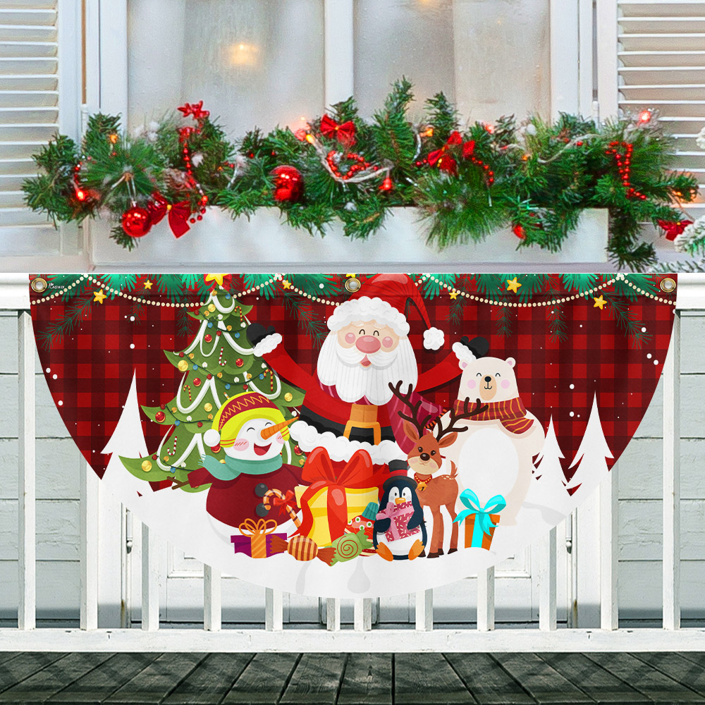 Merry Christmas Santa Claus Snowman And Reindeer Non-Pleated Fan Flag