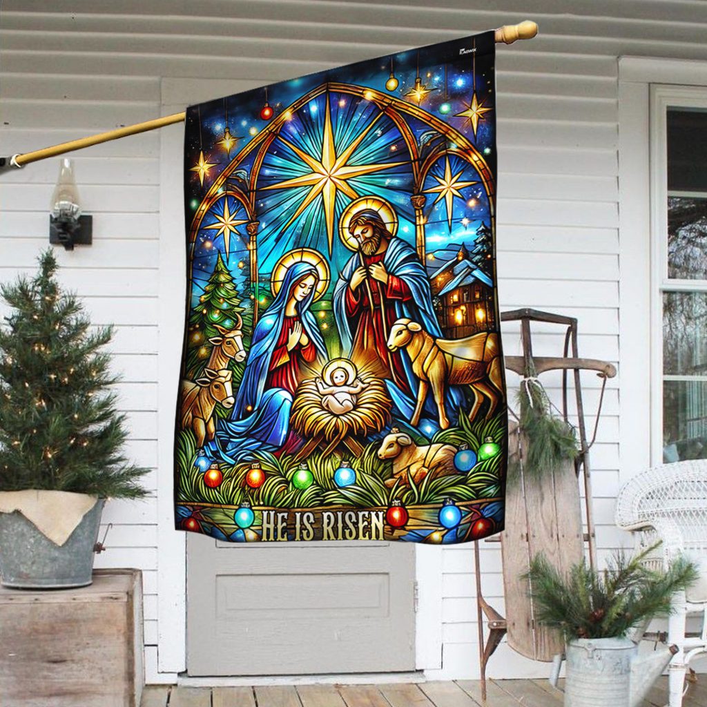 Nativity of Jesus Stained Glass Christmas He Is Risen Flag