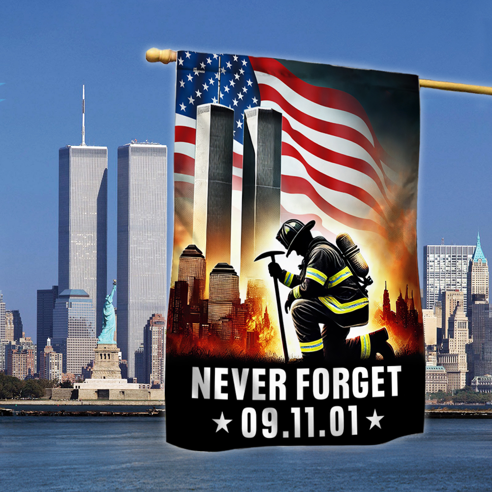 Patriot Day 343 Firefighter Never Forget 9/11 Memorial Day Kneeling Firefighter Flag