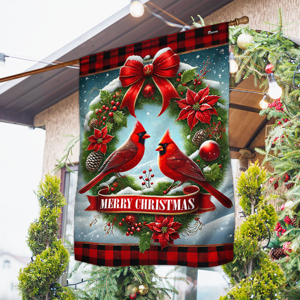 Red Cardinal Christmas Wreath Flag