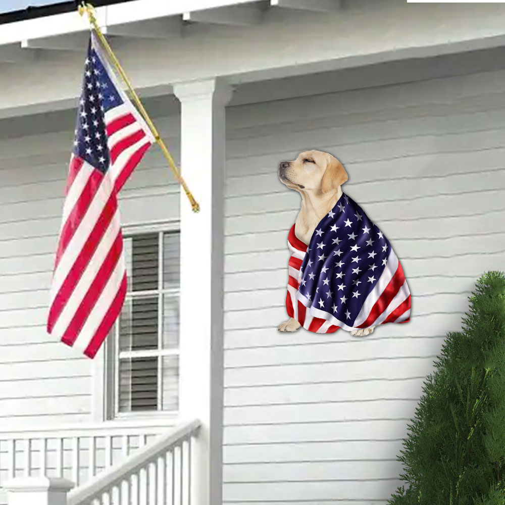 Yellow Labrador Retriever Metal Sign Dog Wrapped In Glory American Patriot