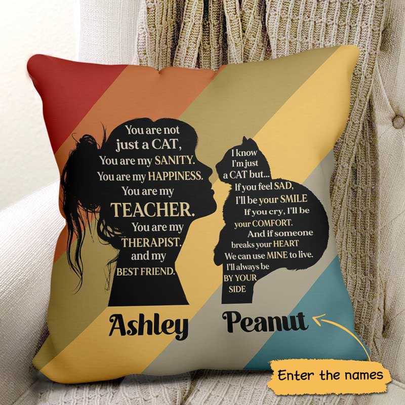 cat birthday gifts Girl And Cat Silhouette Retro Personalized Pillow