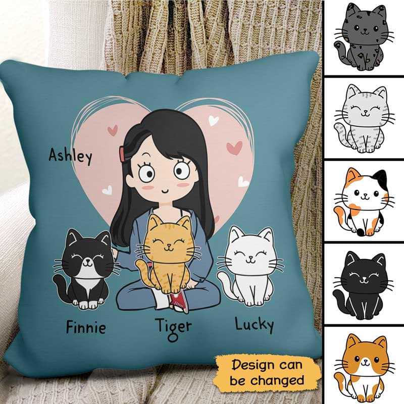 gifts for people who love bed Chibi Girl Loves Her Cat Personalized Pillow