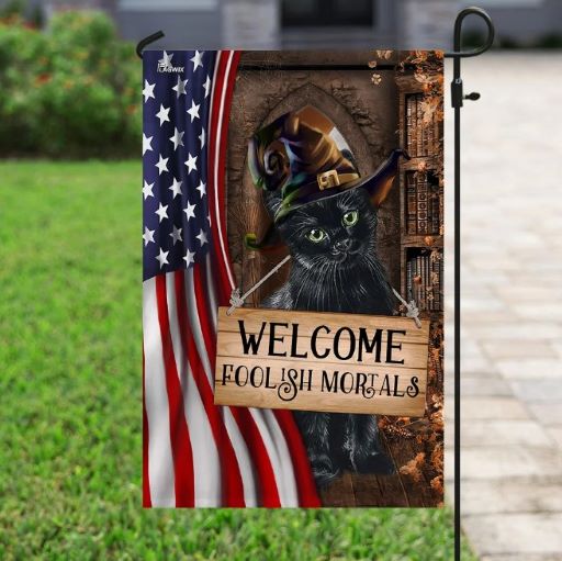 halloween american flag black cat welcome foolish mortals flag