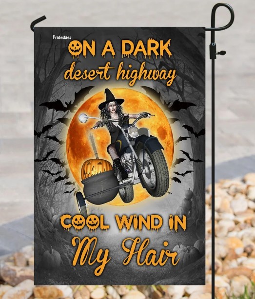 halloween gifts adults motocycle riding witch on a dark desert highway flag