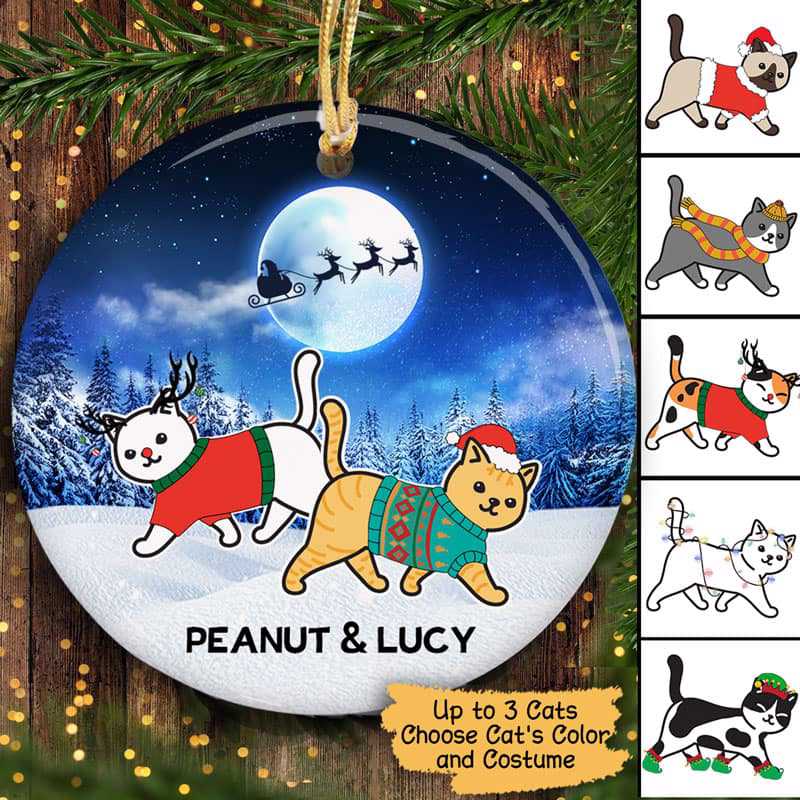 unique gifts for cat lovers Walking Cat Christmas Moon Personalized Circle Ornament