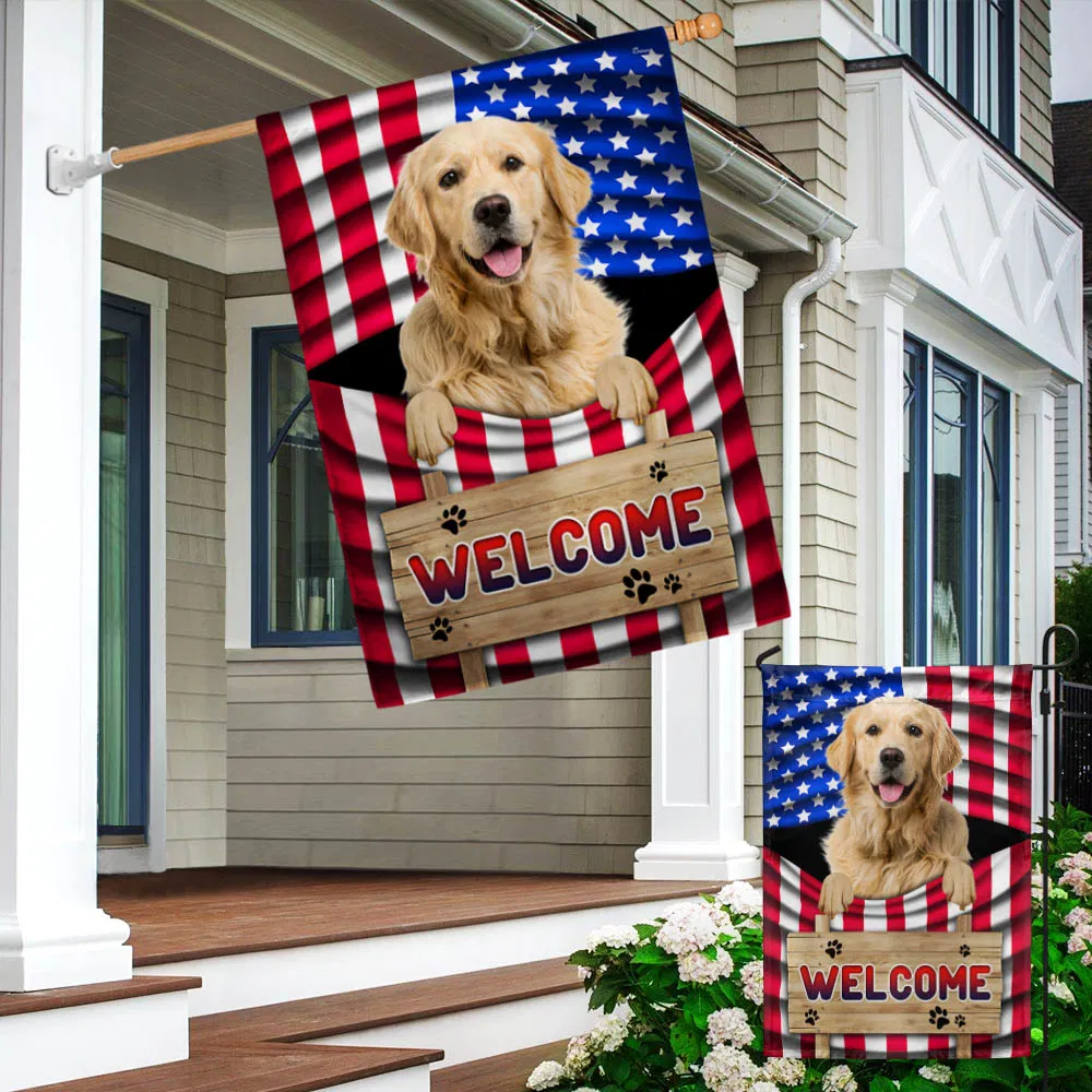 Golden Retriever Dog Welcome American Flag