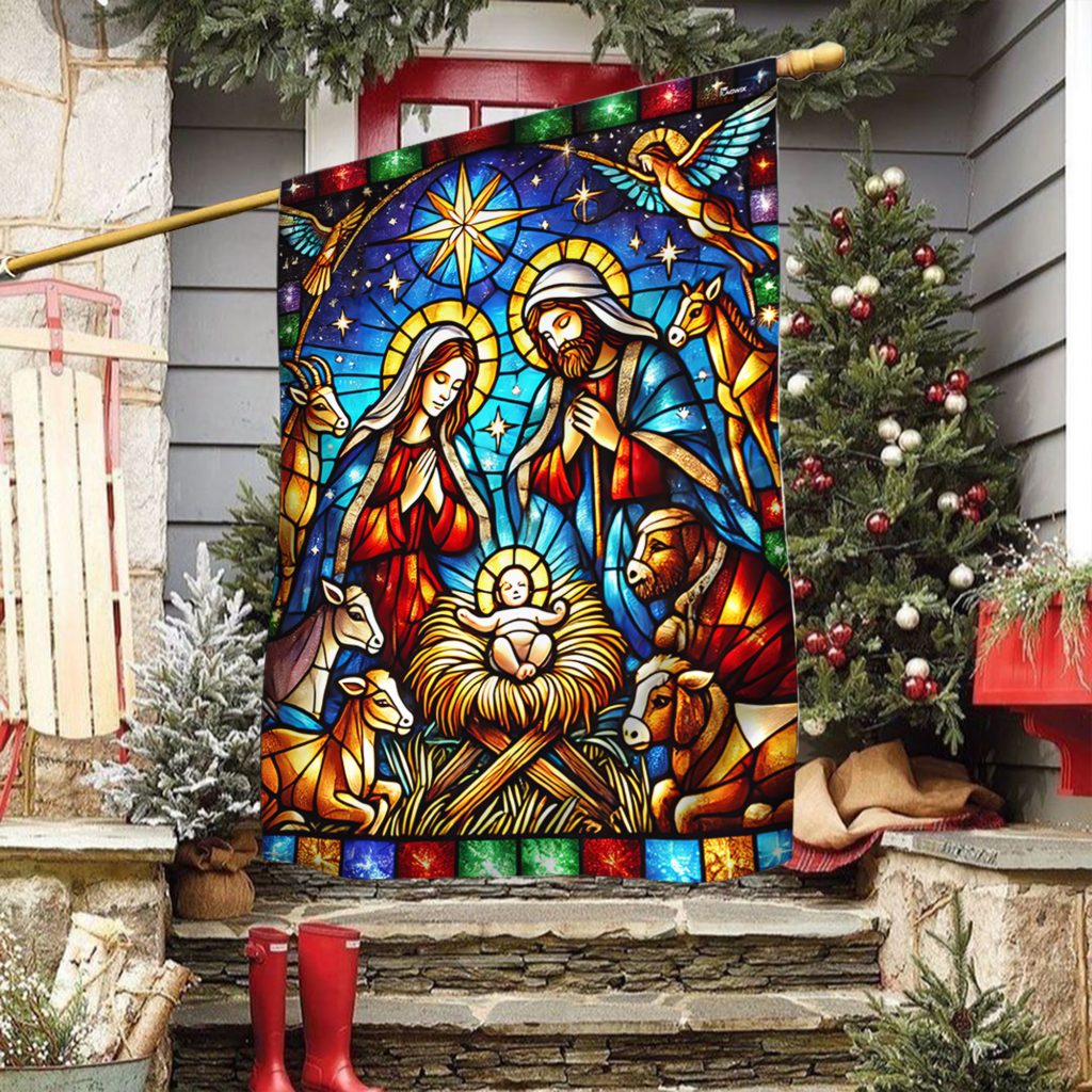 Nativity of Jesus Stained Glass Christmas Flag