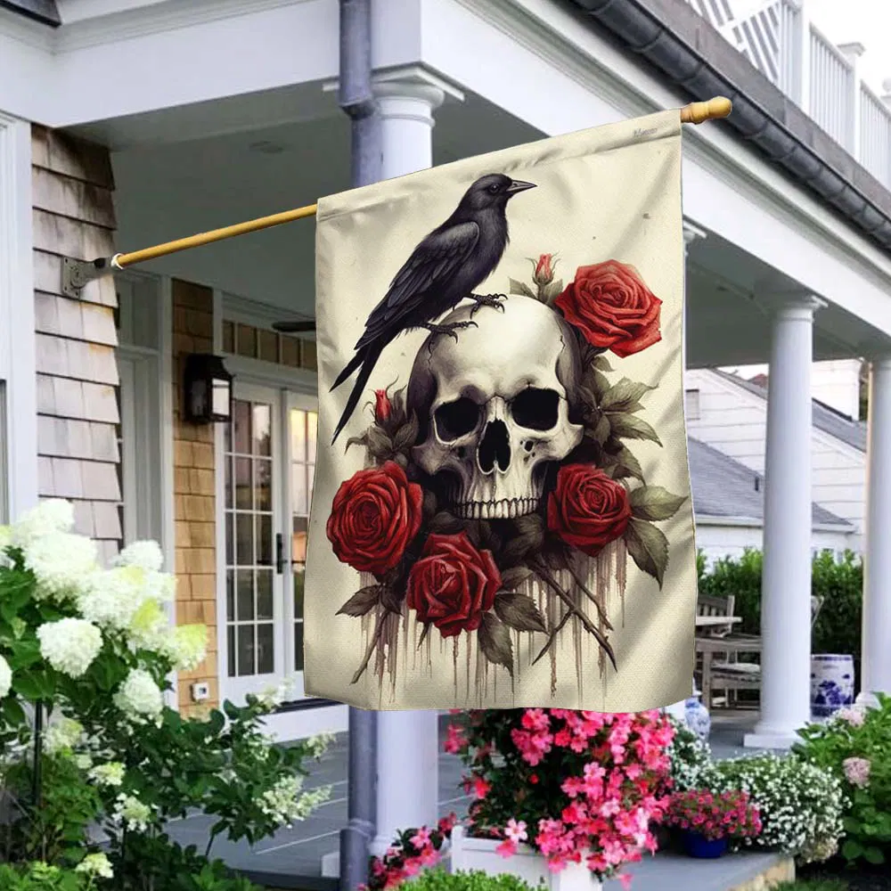 Raven Skull Roses Spooky Vibes Halloween Flag