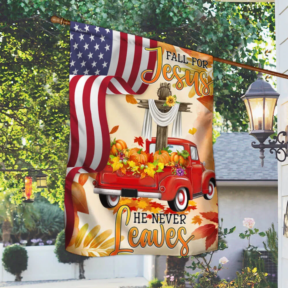 Christian Cross Truck Pumpkins Harvest Thanksgiving Flag, Fall For Jesus He Never Leaves American Flag