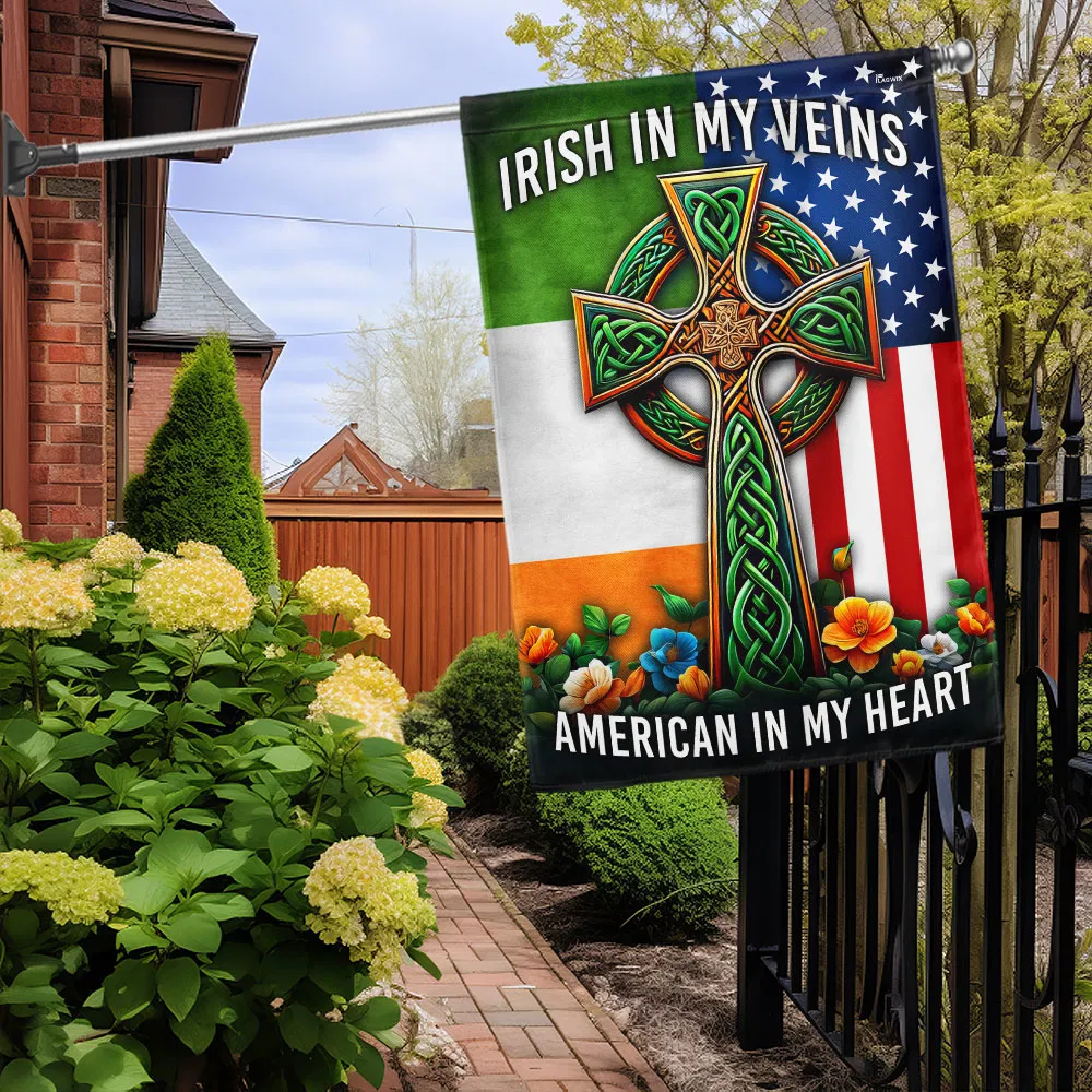 FLAGWIX Irish Celtic Knot Cross Flag Irish In My Veins American In My Heart Flag