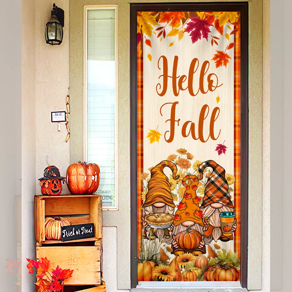 Hello Fall Colorful Gnomes Pumpkin Thanksgiving Door Cover