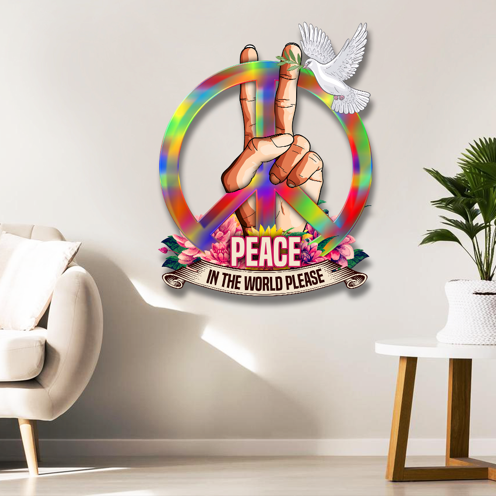 Hippie Hanging Metal Sign Peace In The World Please