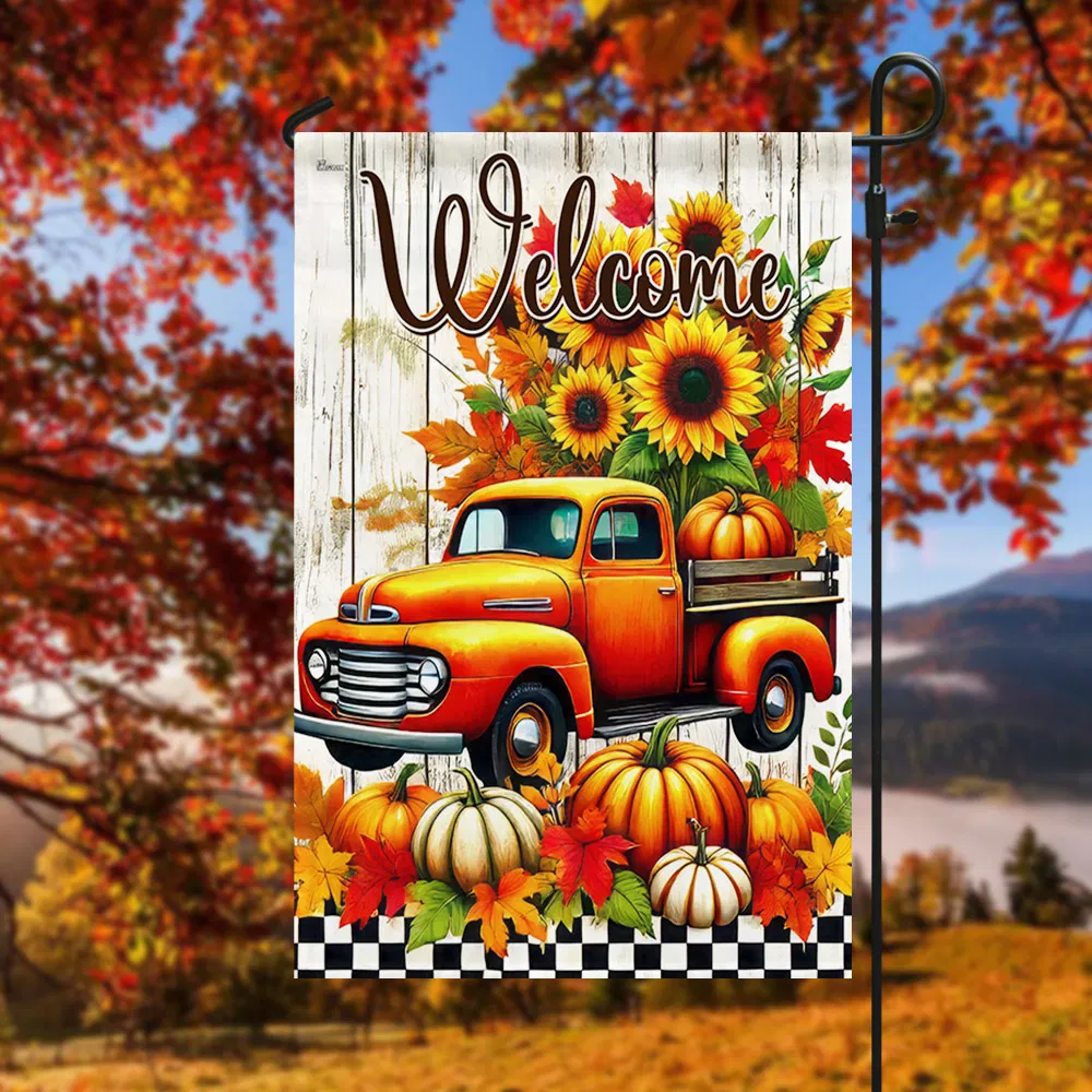 Fall Truck Pumpkins Harvest Thanksgiving Welcome Flag