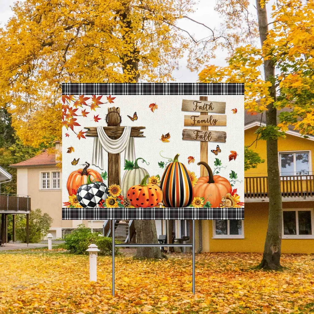 Happy Fall, Faith, Family, Fall Christian Cross Pumpkins Thanksgiving Fall Yard Sign