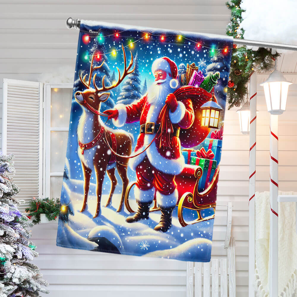 Santa Claus And Reindeer Christmas Flag