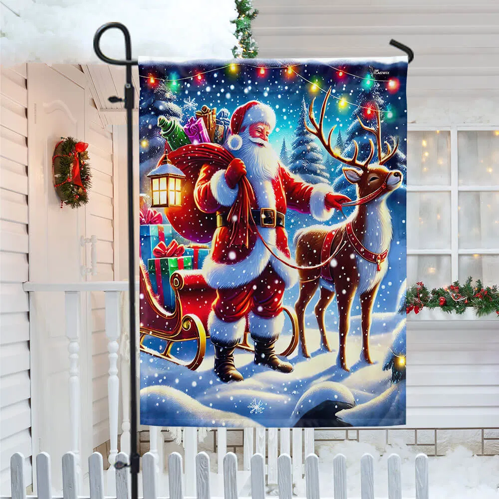 Santa Claus And Reindeer Christmas Flag