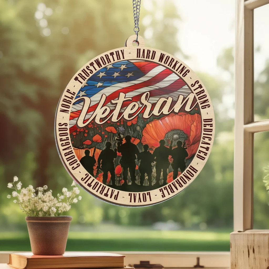 Veterans Memorial Poppy Patriotic American Veteran 2 Layered Hanging Suncatcher