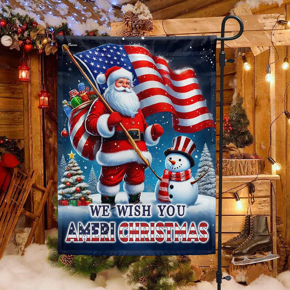 We Wish You Ameri Christmas Santa Claus And Snowman Flag