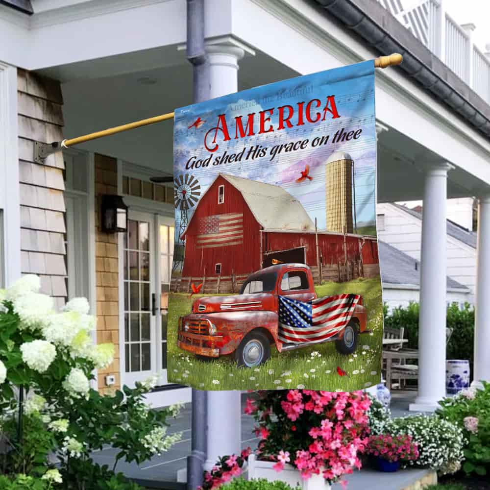 Barn Red Truck American Patriotic Flag