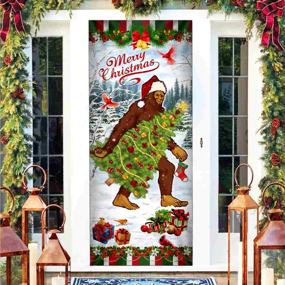 Bigfoot Wearing Santa Hat Christmas Door Cover