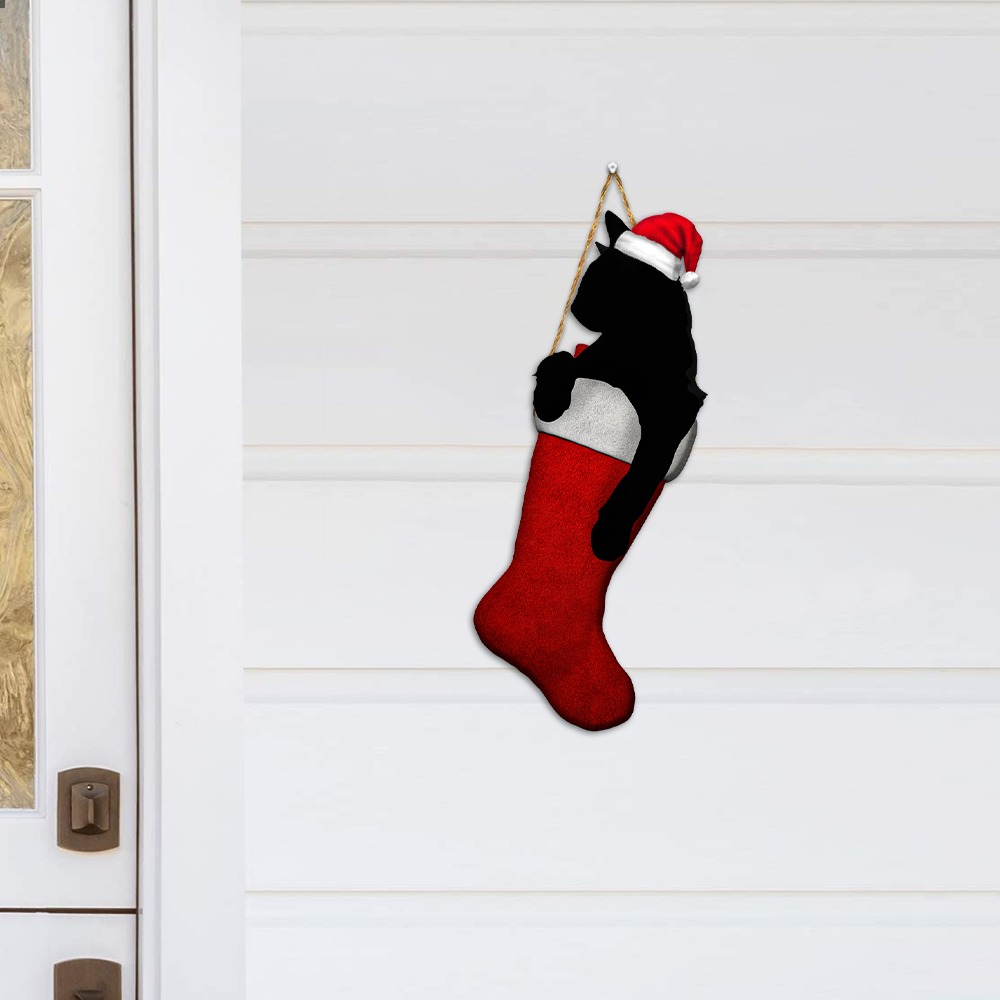 Black Cat In Christmas Stocking Wooden Sign