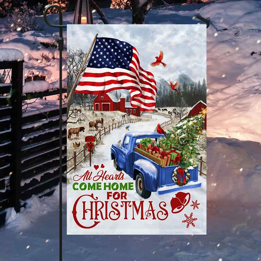 Blue Truck American Flag All Hearts Come Home For Christmas