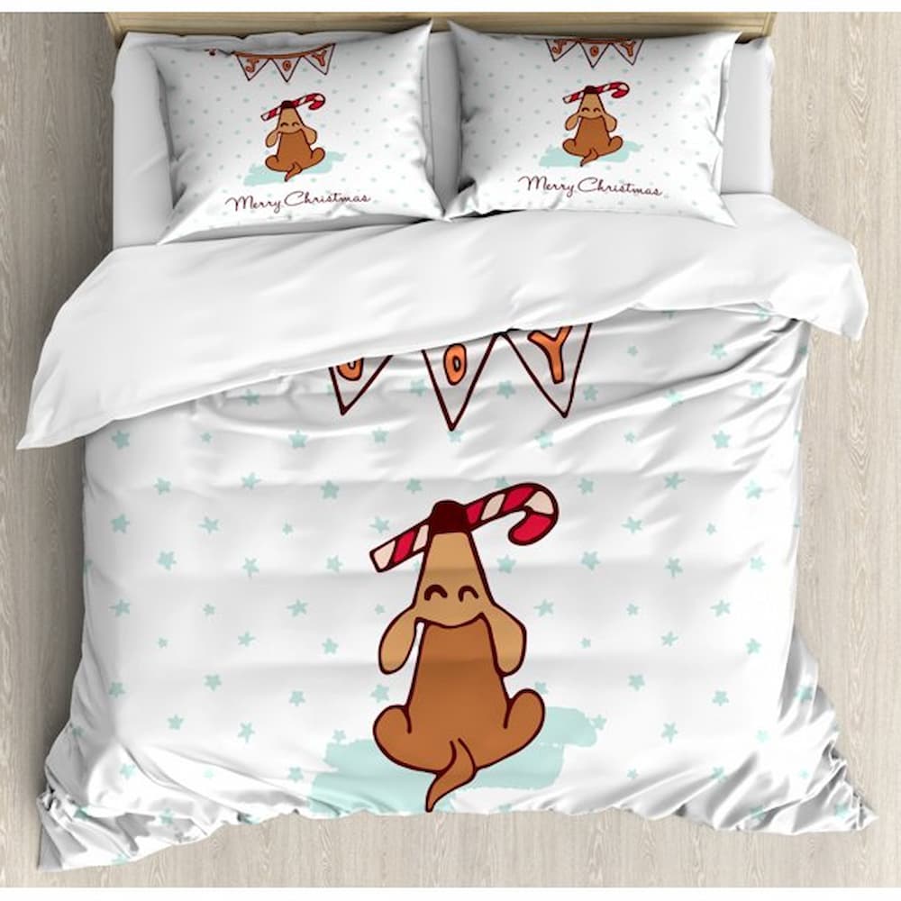 Christmas Duvet Cover Set Queen Size, Cartoon Dog with Xmas Candy Cane and Joy Written Flags on Stars, Decorative 3 Piece Bedding Set with 2 Pillow Shams, Pale Turquoise and Ginger, by Ambesonne