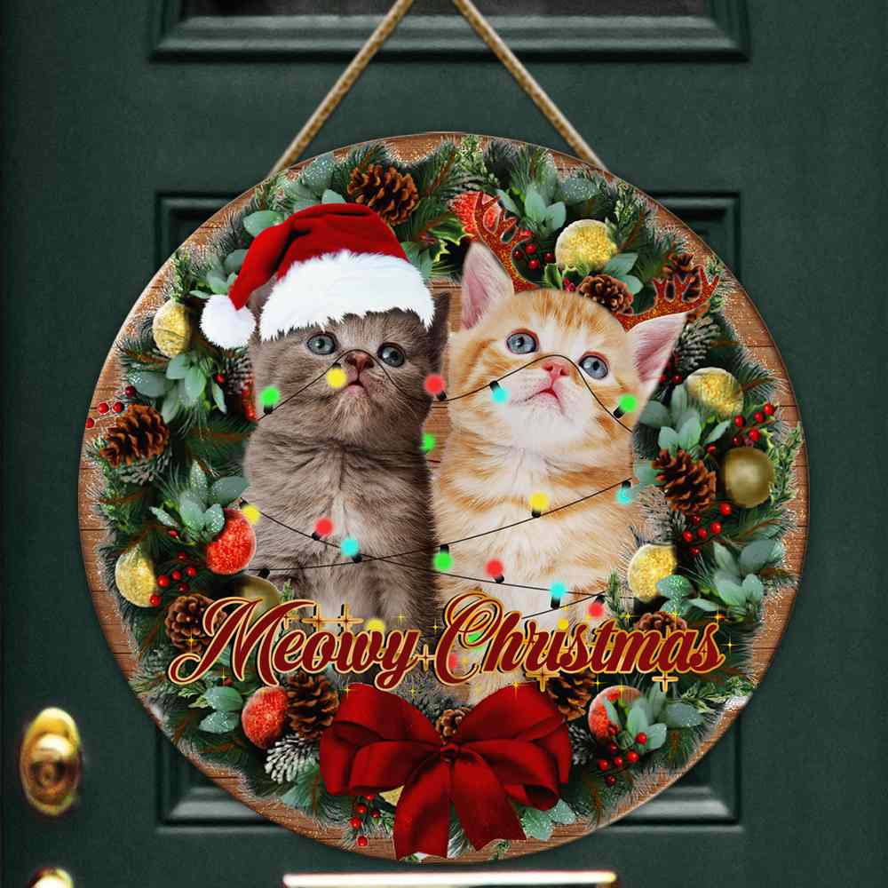 Christmas Round Wooden Sign Cat Meowy