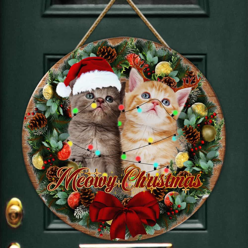 Christmas Round Wooden Sign Cat Meowy Christmas