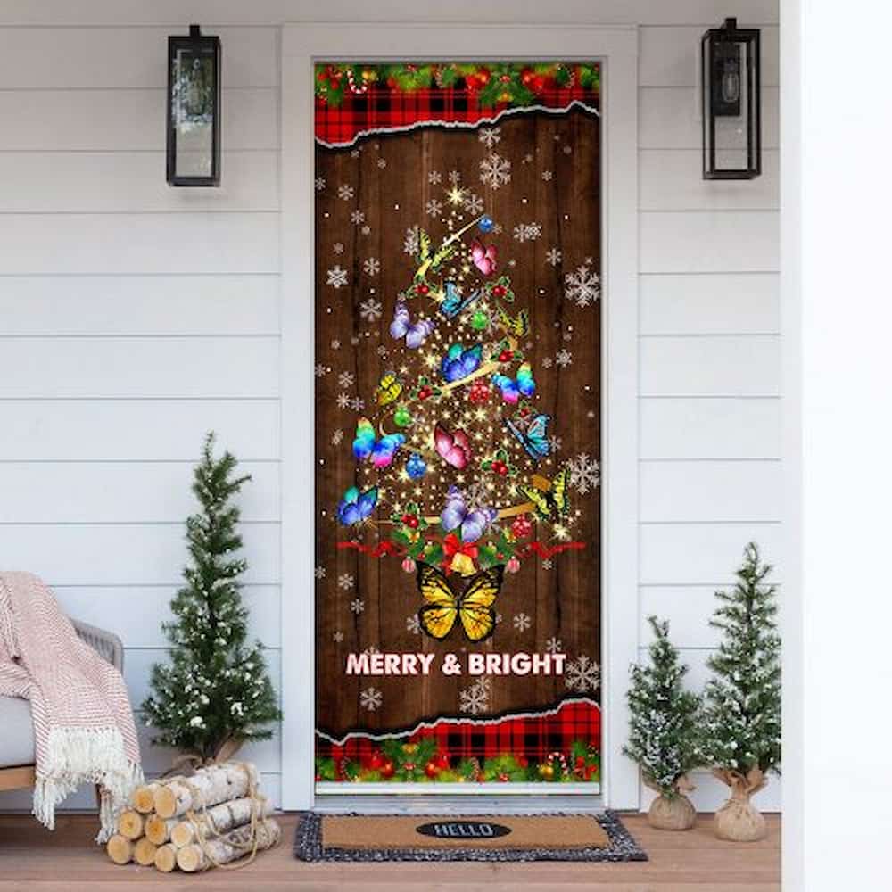 Merry And Bright. Butterflies Christmas Tree Door Cover