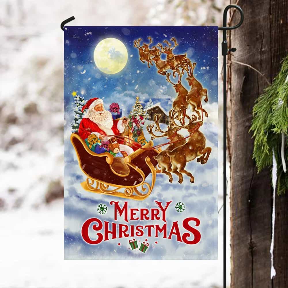 Merry Christmas Flag Santa Claus Reindeer Sled