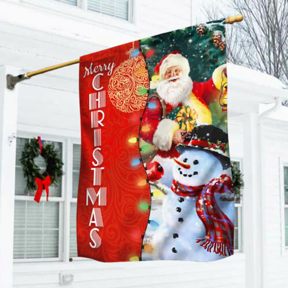 Merry Christmas Flag Santa With Snow Man