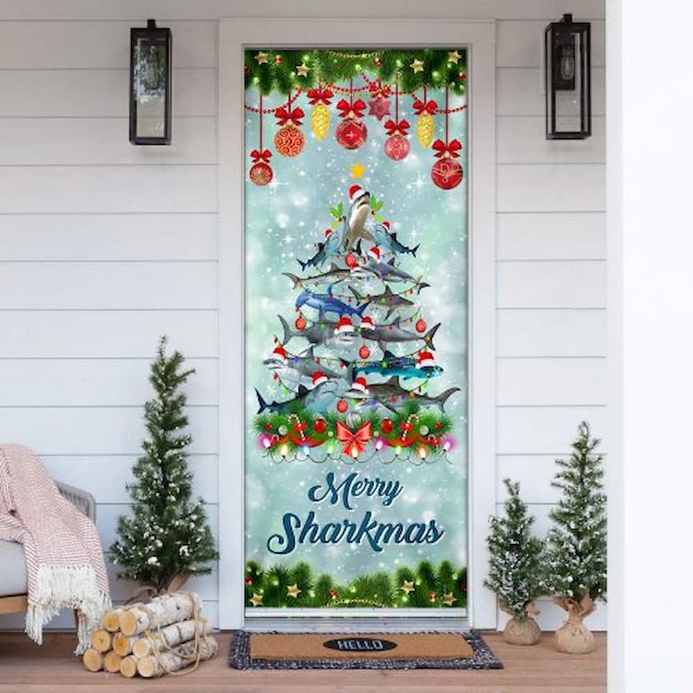 Merry Sharkmas. Shark Christmas Tree Door Cover