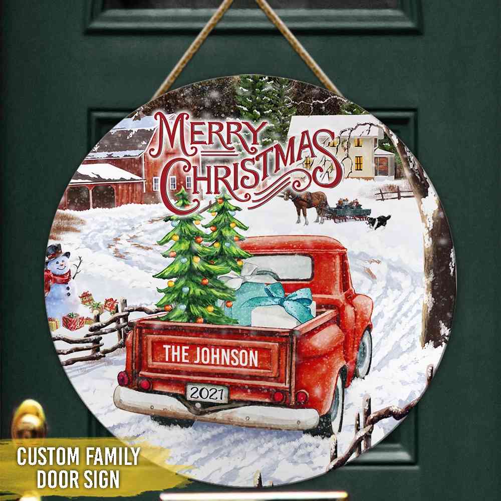 Personalized Family Wooden Sign Red Truck Merry Christmas