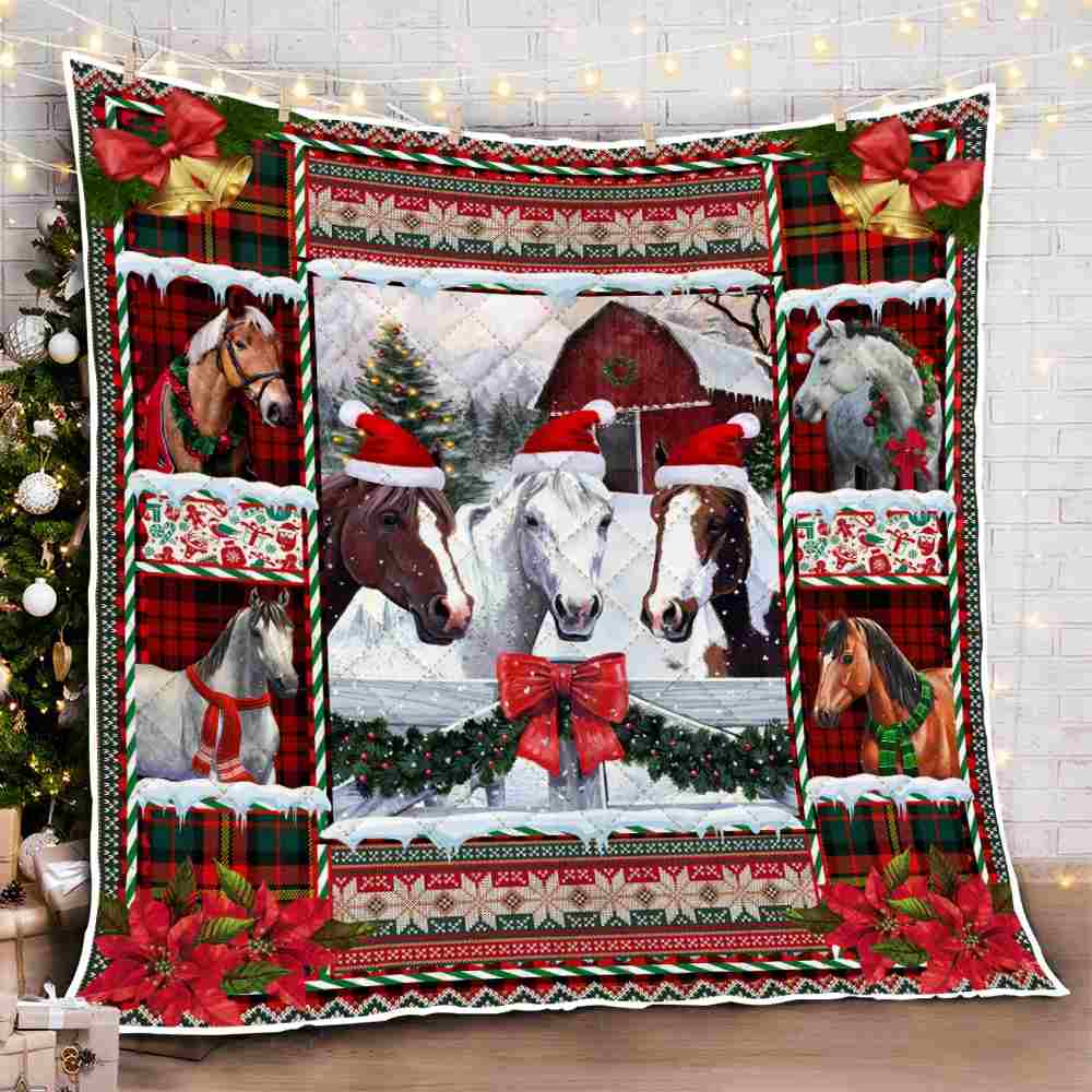 Quilt Blanket Horse Merry Christmas Barn House