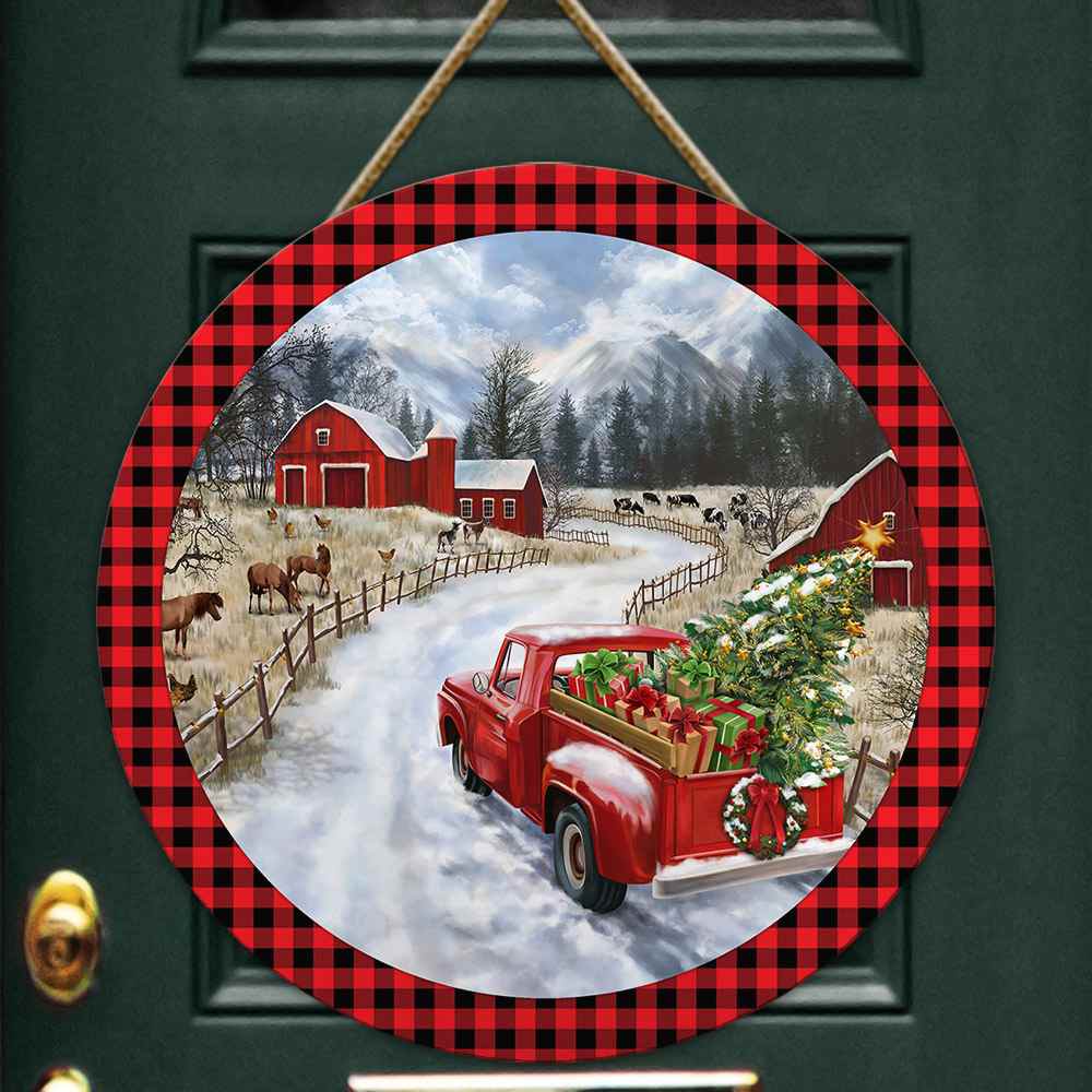 Red Truck Christmas Tree Wooden Sign