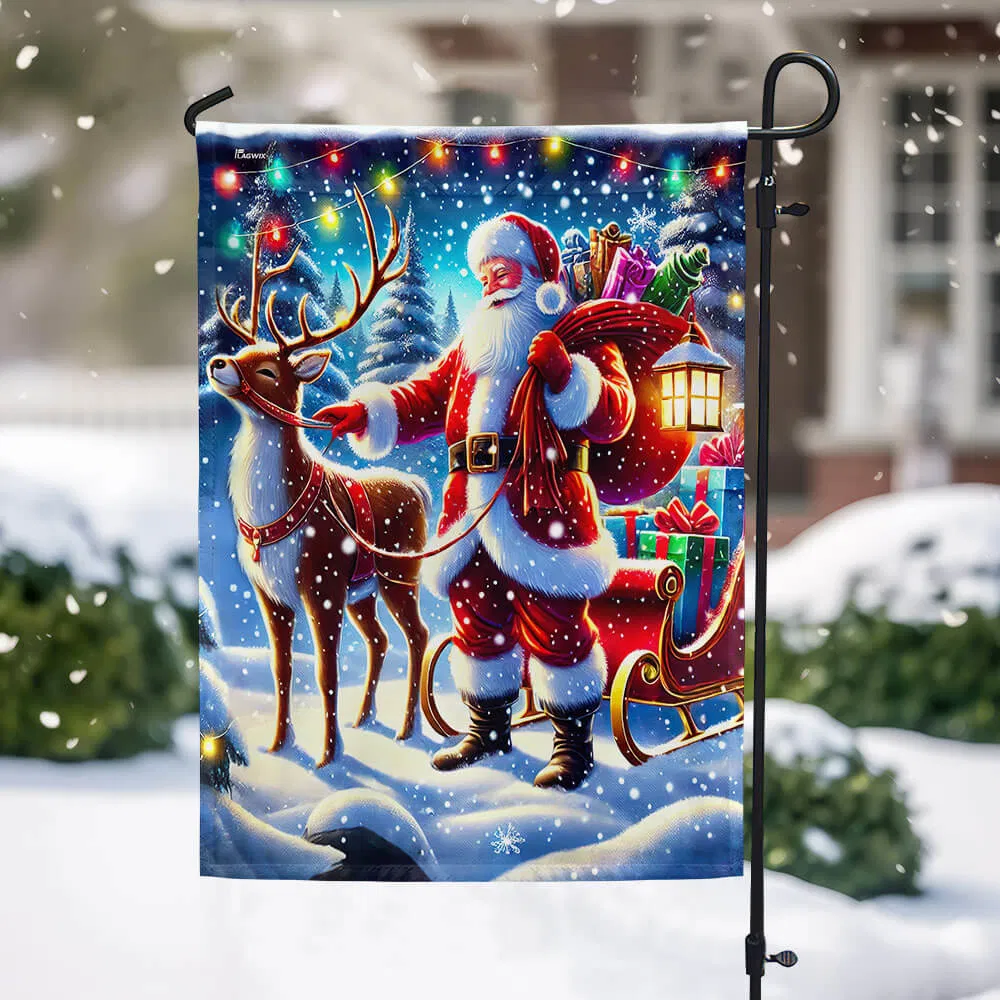 Santa Claus And Reindeer Christmas Flag