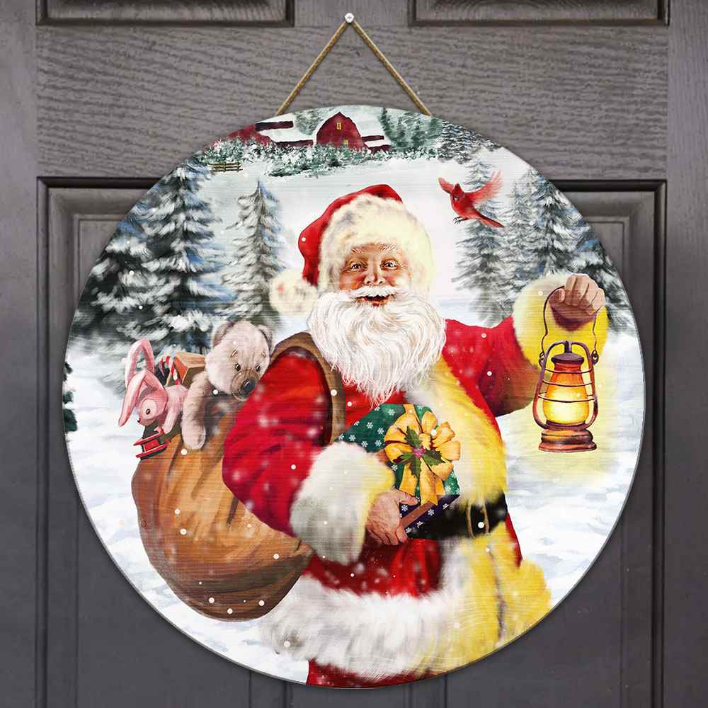 Santa Claus Round Wooden Sign Merry Christmas