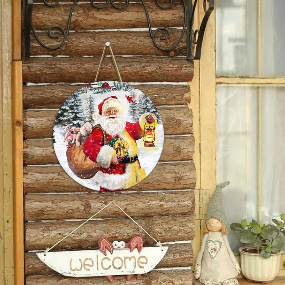 Santa Claus Round Wooden Sign Merry Christmas