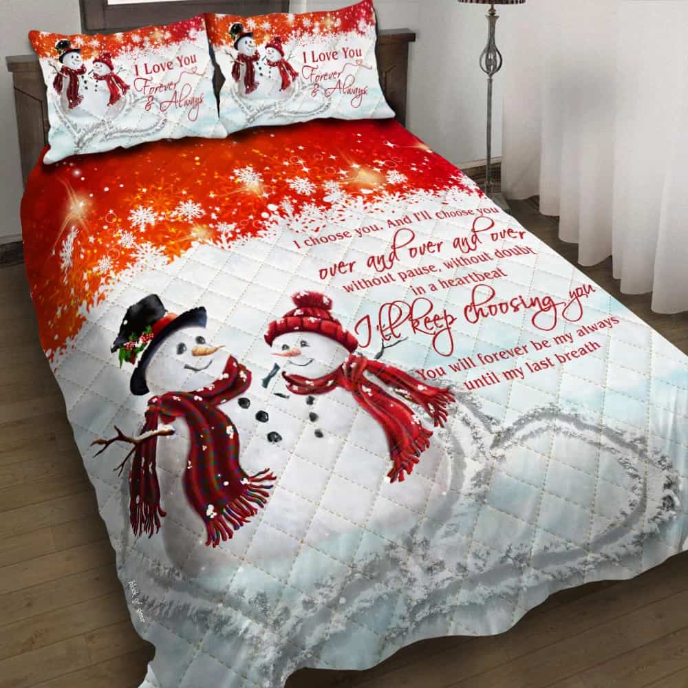 Snowman Couple Christmas Quilt Bedding Set
