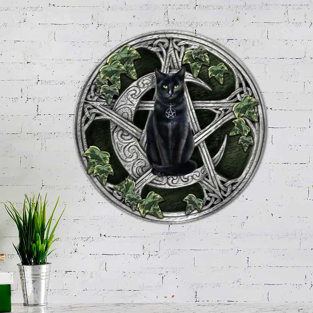 Witchcraft Wiccan Black Cat Sitting On A Celtic Crescent Moon Hanging Metal Sign