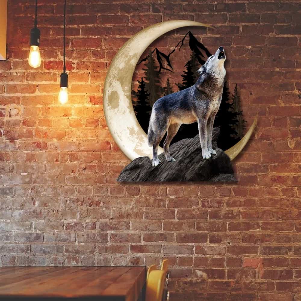 Wolf Howling Moon Hanging Metal Sign