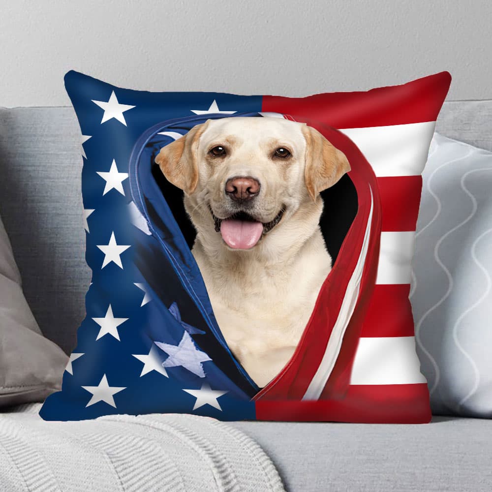 Yellow Labrador Retriever Opened American Flag Cushion